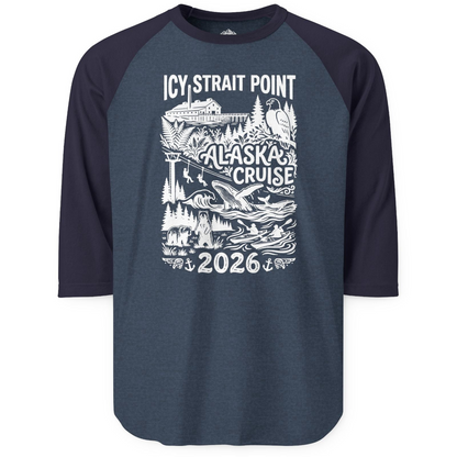 Icy Strait Point Alaska Cruise 2026 Wildlife Adventure Shirt — 3/4 Sleeve T-Shirt – Heather Denim/Navy – Alaska Cruise Shirts