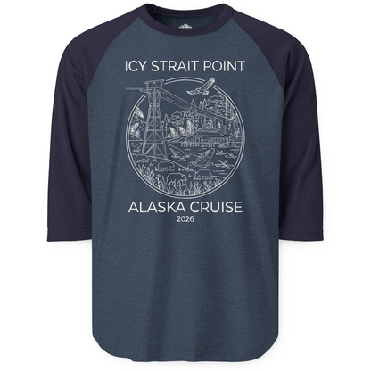 Icy Strait Point Alaska Cruise 2026 Nature Adventure T-Shirt — 3/4 Sleeve T-Shirt – Heather Denim/Navy – Alaska Cruise Shirts