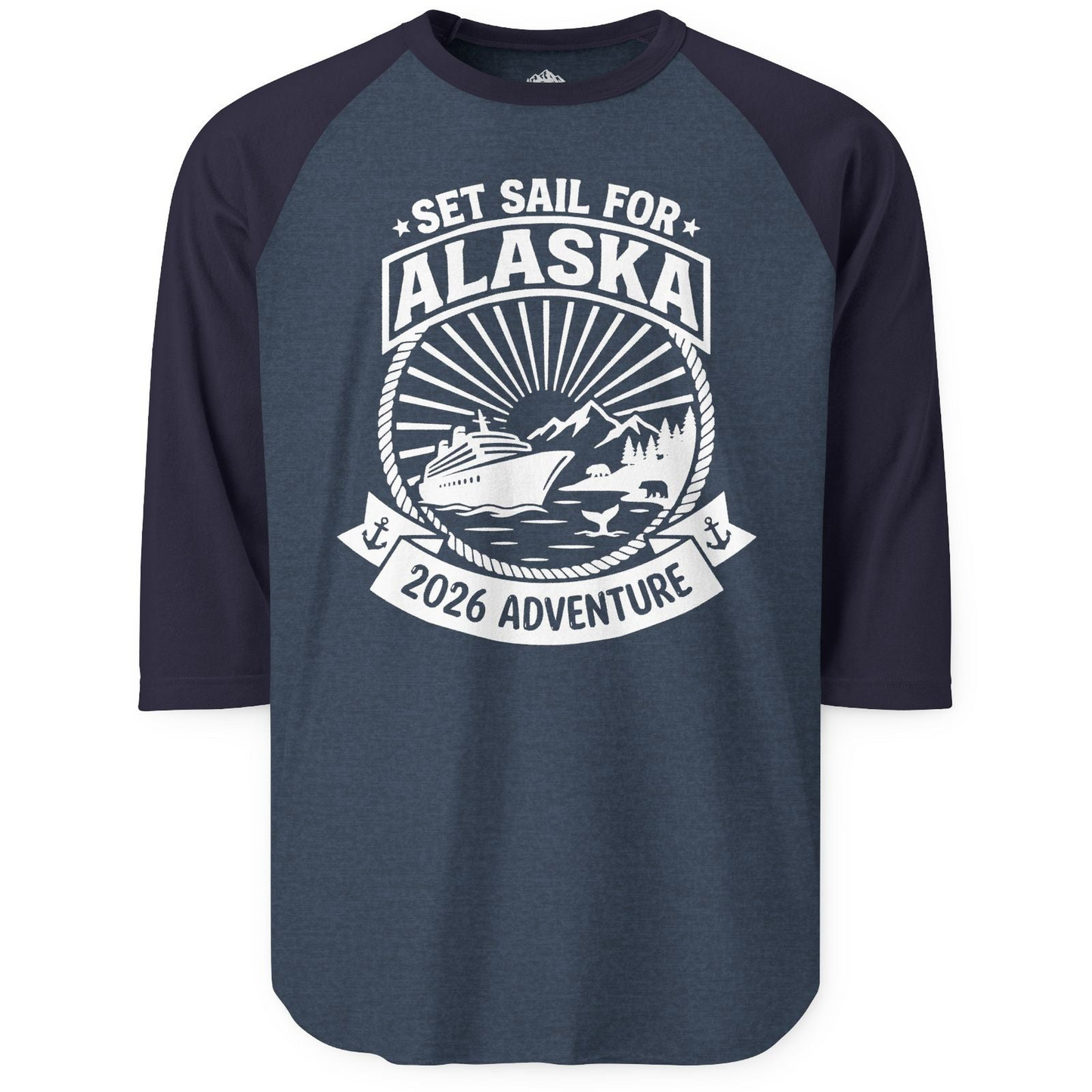 Set Sail for Alaska 2026 Adventure Vintage Cruise Shirt — 3/4 Sleeve T-Shirt – Heather Denim/Navy – Alaska Cruise Shirts