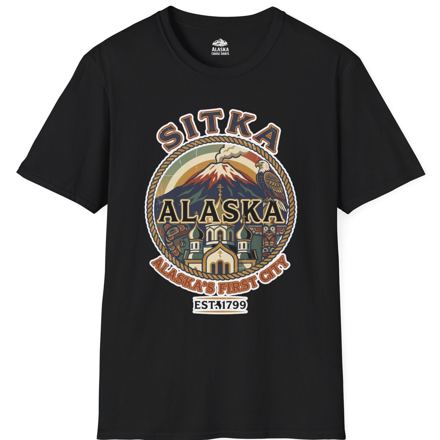 Sitka Alaska Vintage Heritage Tee with Iconic Local Landmarks Art — T-Shirt T-Shirt – Black – Alaska Cruise Shirts