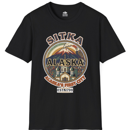 Sitka Alaska Vintage Heritage Tee with Iconic Local Landmarks Art — T-Shirt T-Shirt – Black – Alaska Cruise Shirts