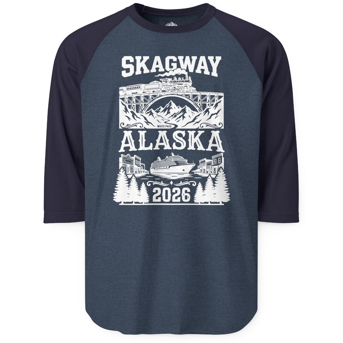 Skagway Alaska Cruise 2026 Shirt with Train and Mountains — 3/4 Sleeve T-Shirt – Heather Denim/Navy – Alaska Cruise Shirts