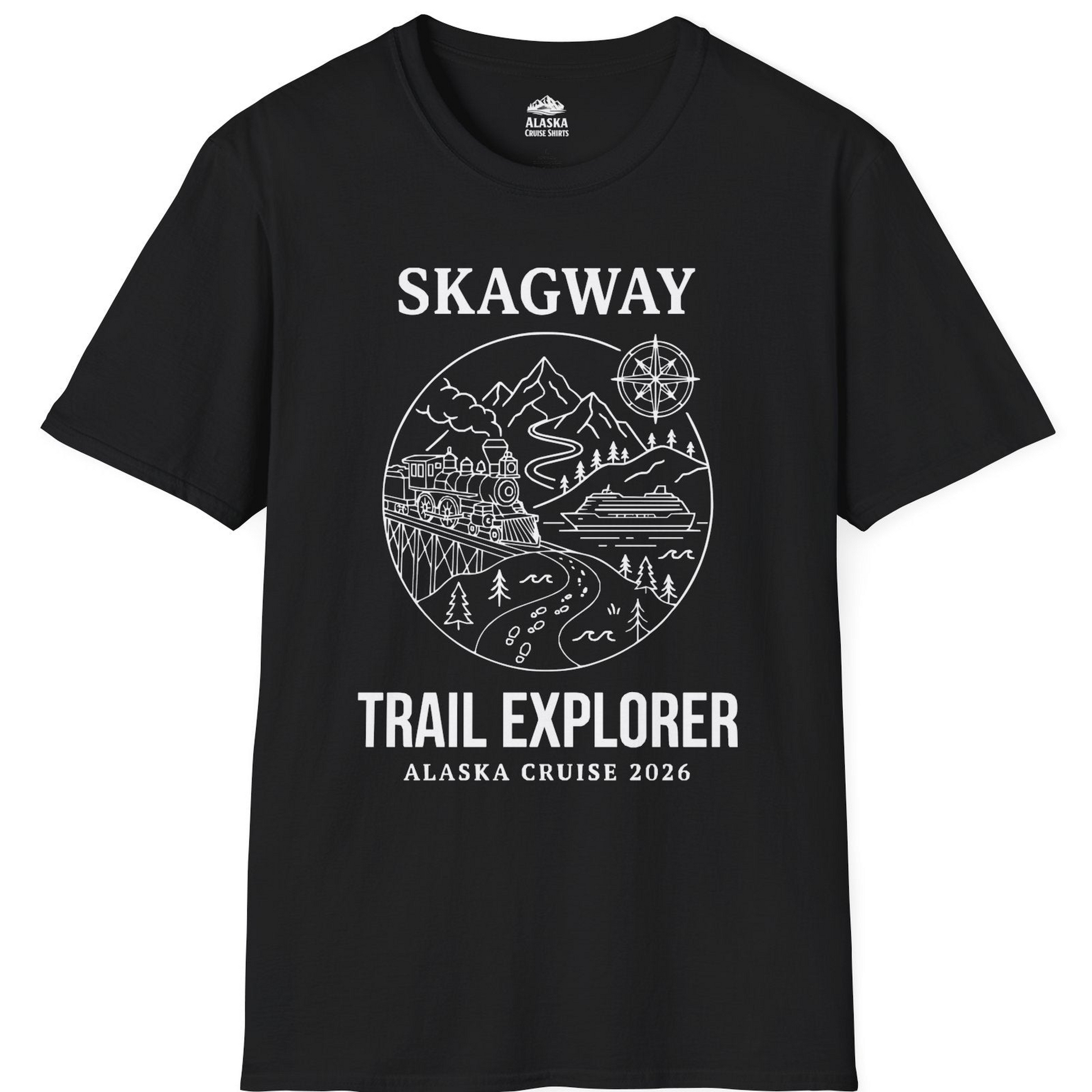 Skagway Trail Explorer Alaska Cruise Scenic Adventure Shirt — T-Shirt T-Shirt – Black – Alaska Cruise Shirts
