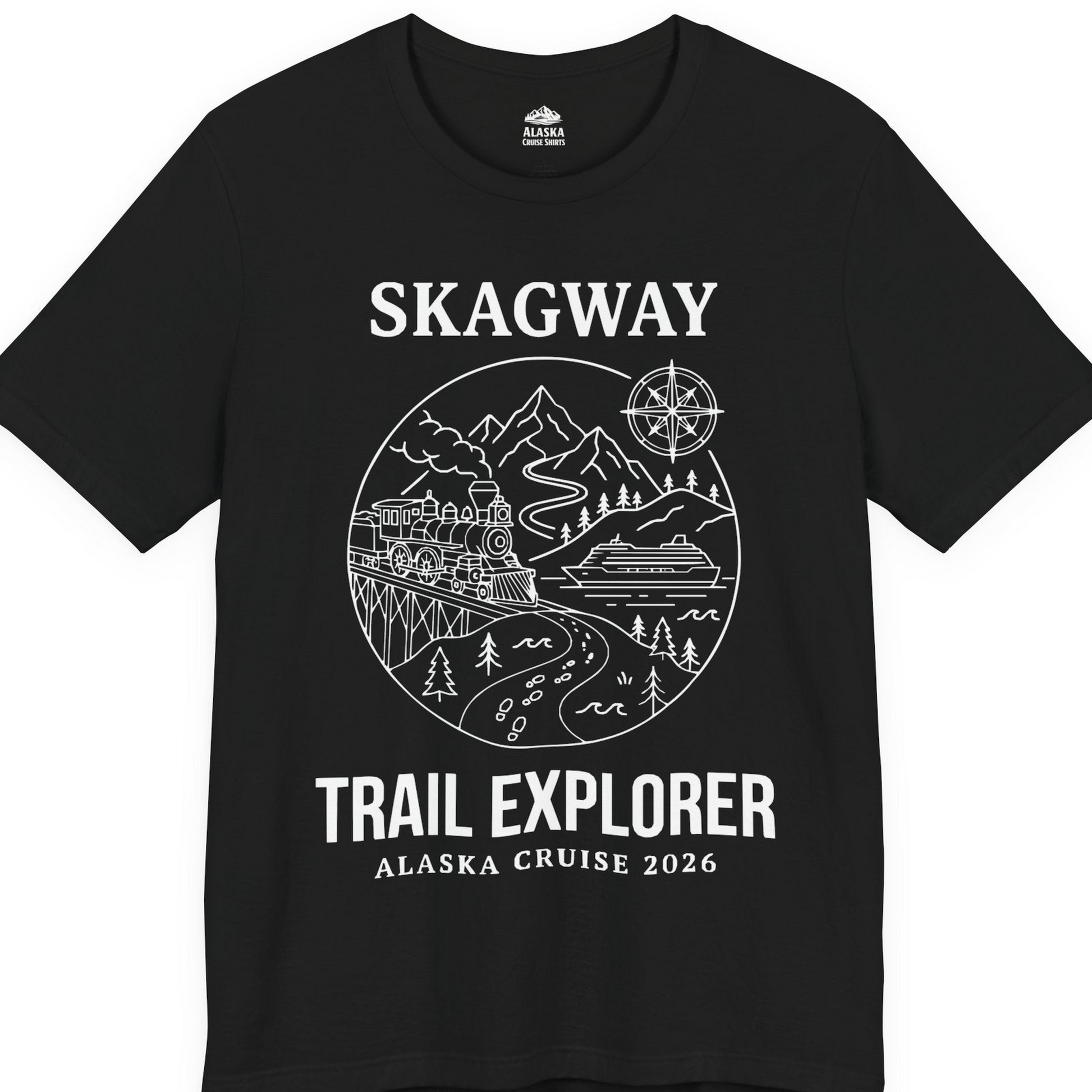 Skagway Trail Explorer Alaska Cruise Scenic Adventure Shirt — Premium Tee T-Shirt – Black – Alaska Cruise Shirts