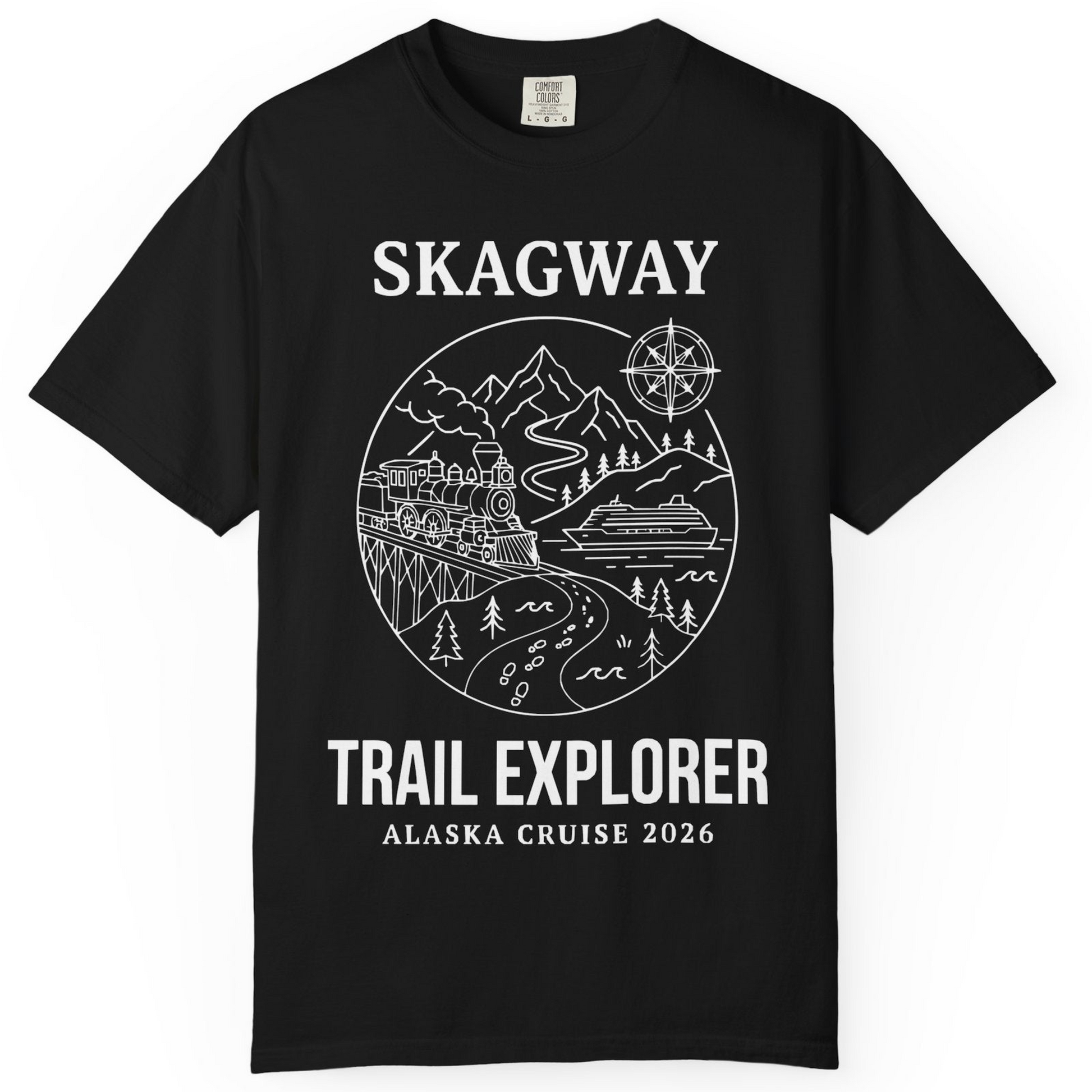 Skagway Trail Explorer Alaska Cruise Scenic Adventure Shirt — Comfort T-Shirt – Black – Alaska Cruise Shirts