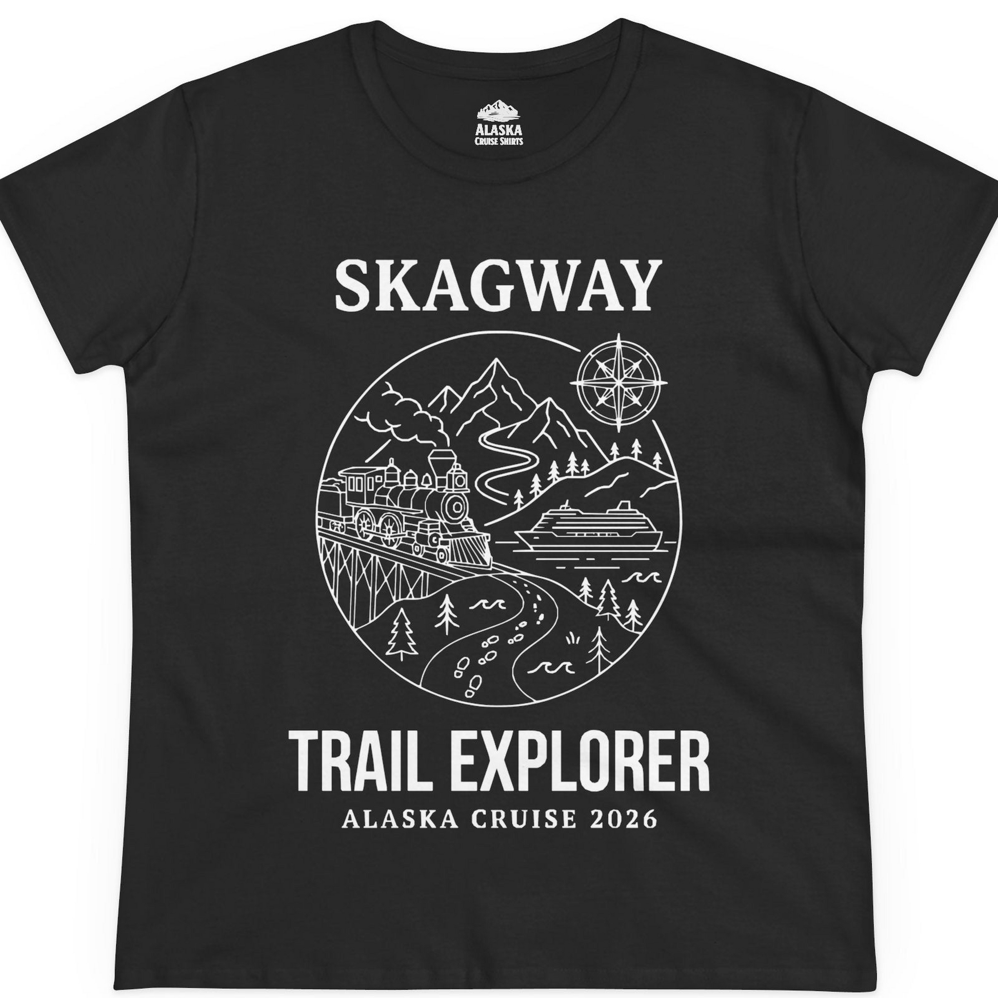 Skagway Trail Explorer Alaska Cruise Scenic Adventure Shirt — Ladies Tee T-Shirt – Black – Alaska Cruise Shirts