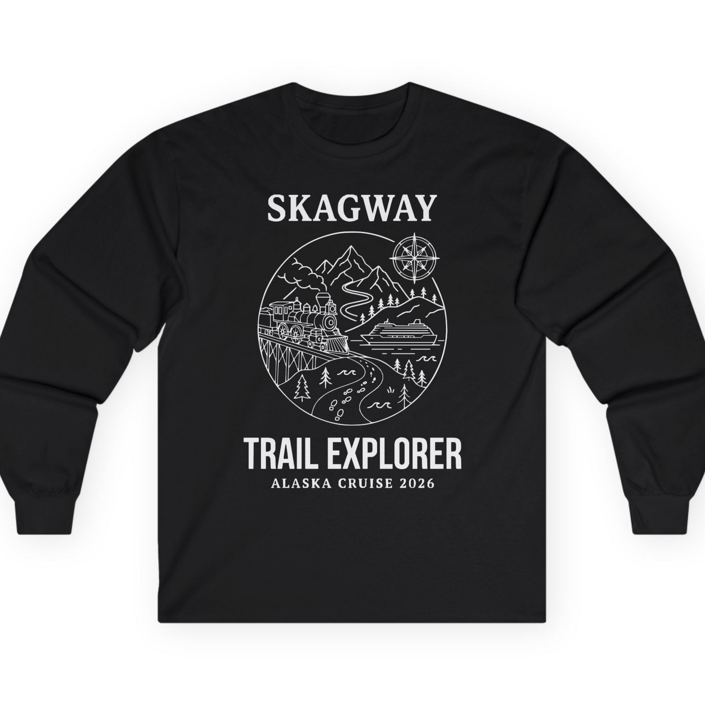 Skagway Trail Explorer Alaska Cruise Scenic Adventure Shirt — Long Sleeve T-Shirt – Black – Alaska Cruise Shirts