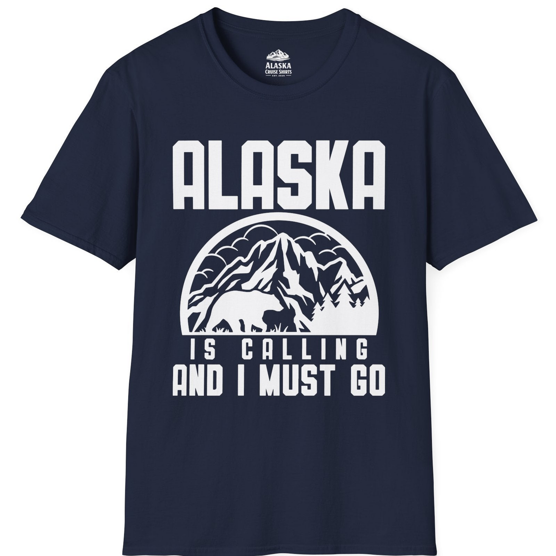 Alaska Is Calling Shirt - Mountain Bear Silhouette Adventure Tee T-Shirt – Navy – Alaska Cruise Shirts