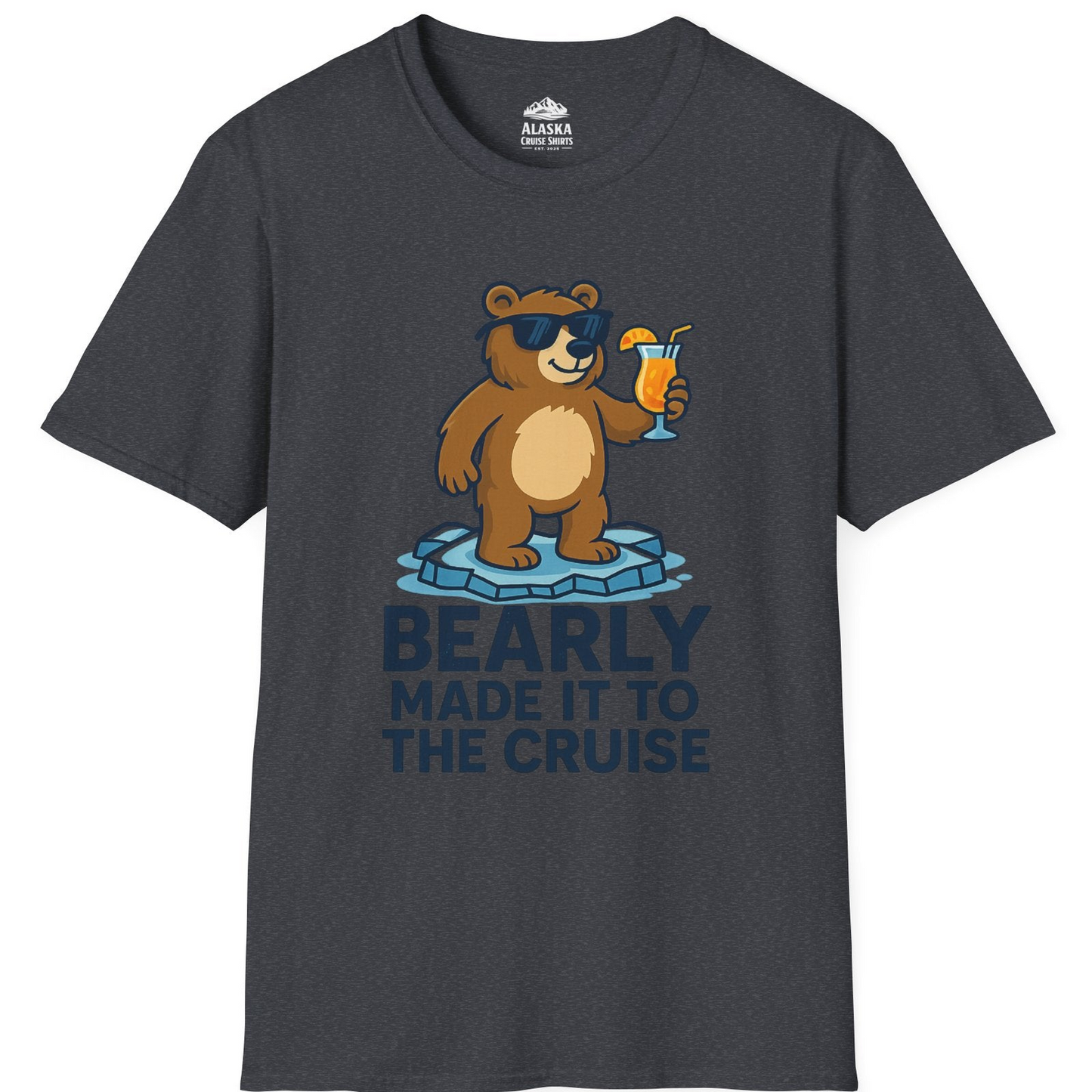 Bear Cruise Shirt - Funny Cartoon Bear With Sunglasses on Vacation T-Shirt – Dark Heather Grey – Alaska Cruise Shirts