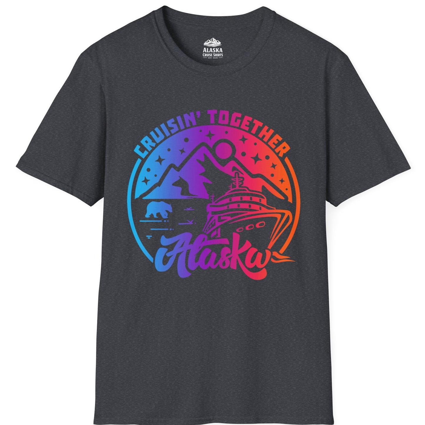 Alaska Cruise Shirt - Mountain Scenery Retro Wildlife Gradient Design T-Shirt – Dark Heather Grey – Alaska Cruise Shirts