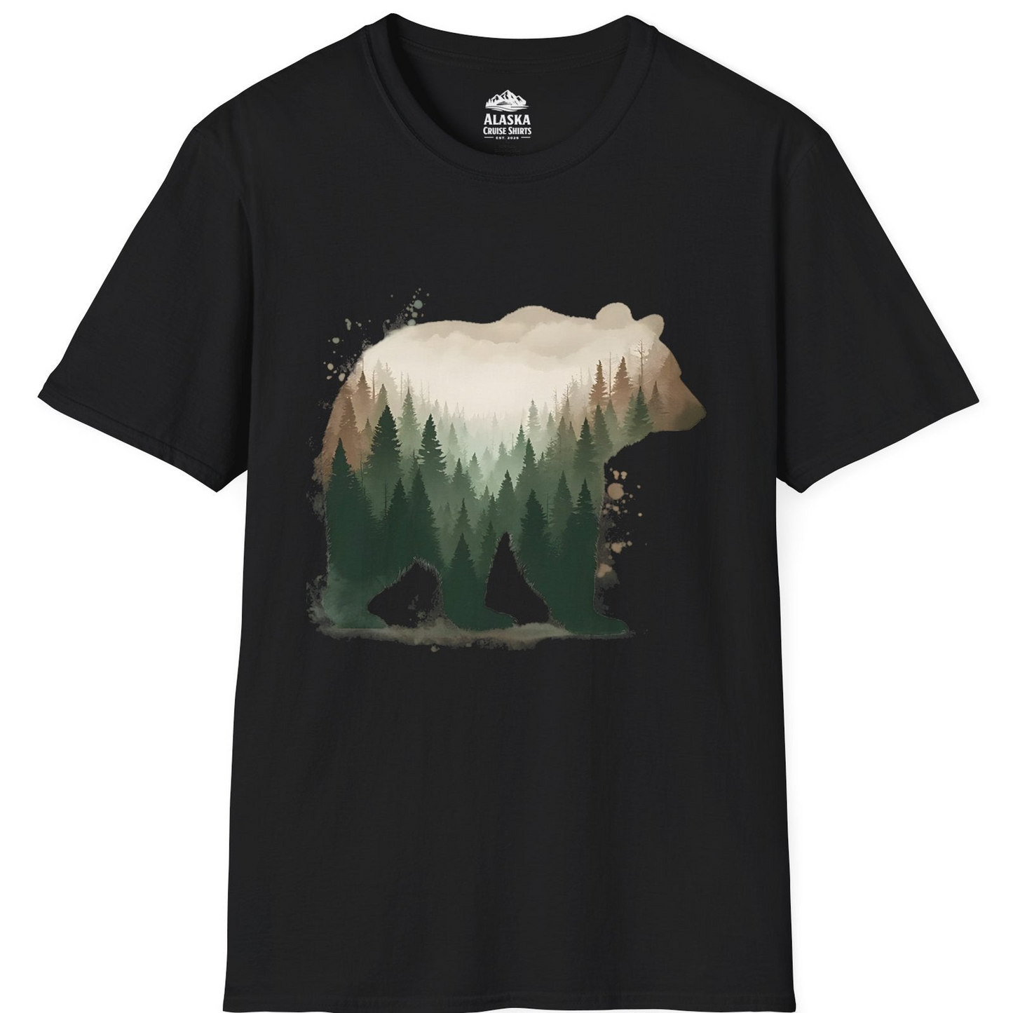 Double Exposure Bear Forest Shirt - Watercolor Nature Wildlife Tee T-Shirt – Black – Alaska Cruise Shirts