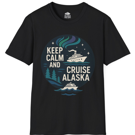 Keep Calm Cruise Alaska Shirt - Northern Lights Pine Trees Retro Tee T-Shirt – Black – Alaska Cruise Shirts