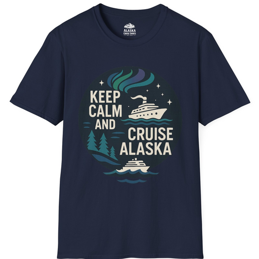 Keep Calm Cruise Alaska Shirt - Northern Lights Pine Trees Retro Tee T-Shirt – Navy – Alaska Cruise Shirts