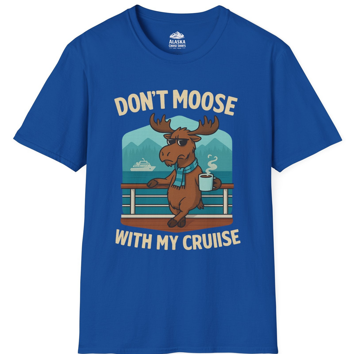 Funny Moose on Alaska Cruise Ship Shirt - Coffee Mountains Cartoon Tee T-Shirt – Royal – Alaska Cruise Shirts