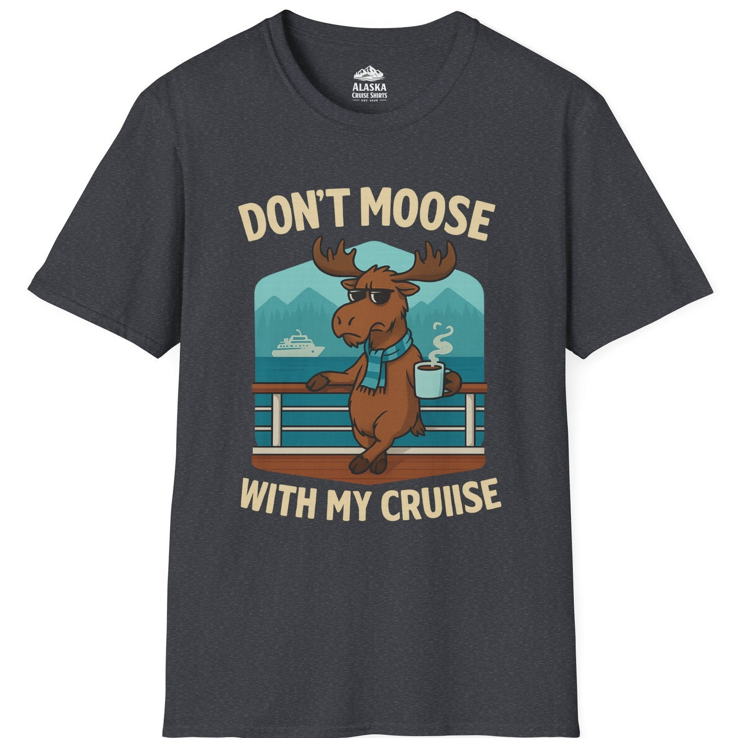 Funny Moose on Alaska Cruise Ship Shirt - Coffee Mountains Cartoon Tee T-Shirt – Dark Heather Grey – Alaska Cruise Shirts