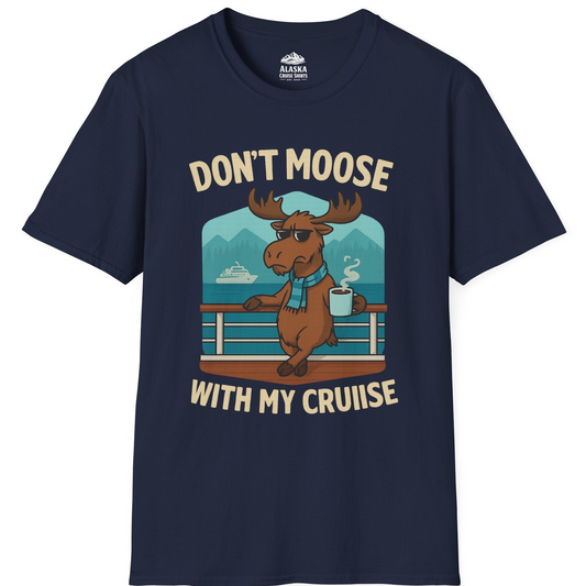 Funny Moose on Alaska Cruise Ship Shirt - Coffee Mountains Cartoon Tee T-Shirt – Navy – Alaska Cruise Shirts