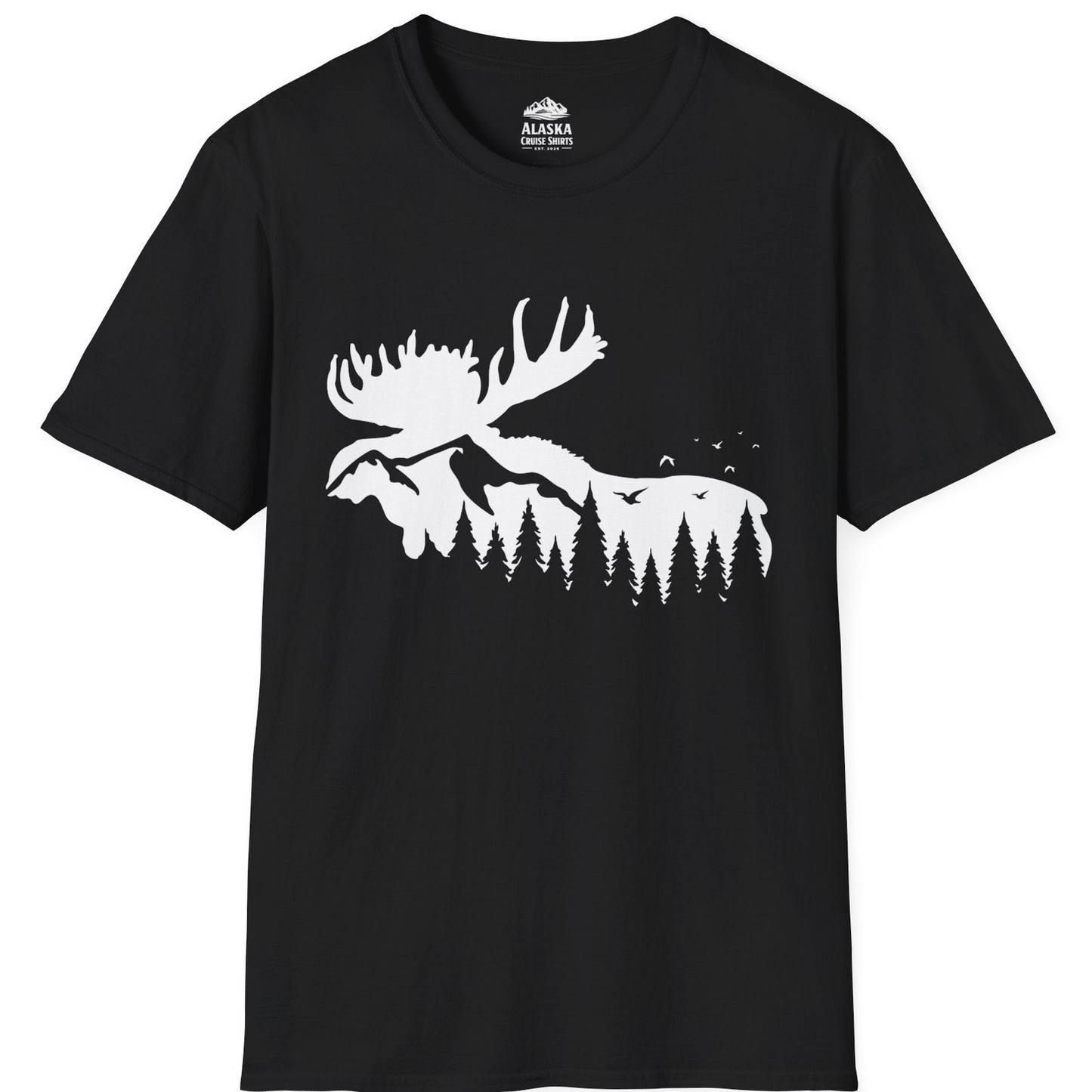 Moose Silhouette Forest Scene Shirt - Alaska Wilderness Nature Tee T-Shirt – Black – Alaska Cruise Shirts