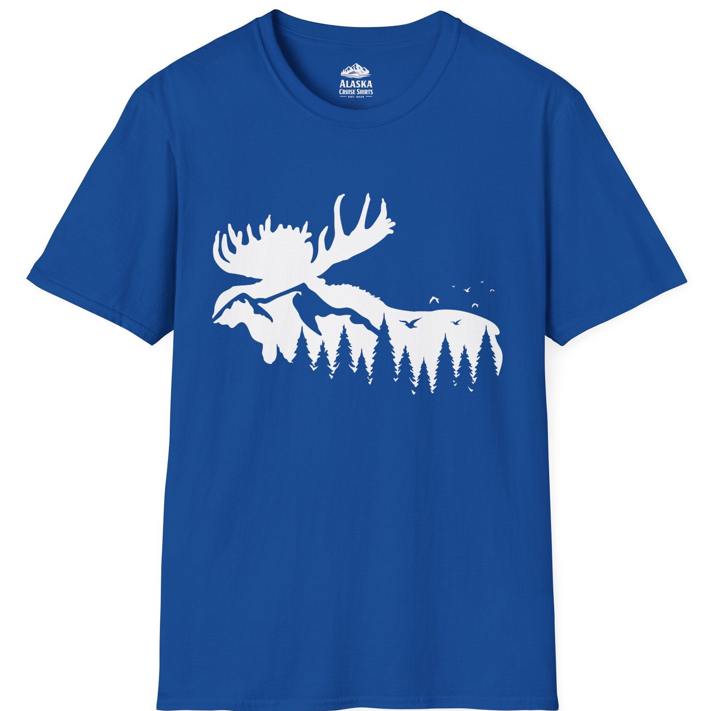 Moose Silhouette Forest Scene Shirt - Alaska Wilderness Nature Tee T-Shirt – Royal – Alaska Cruise Shirts