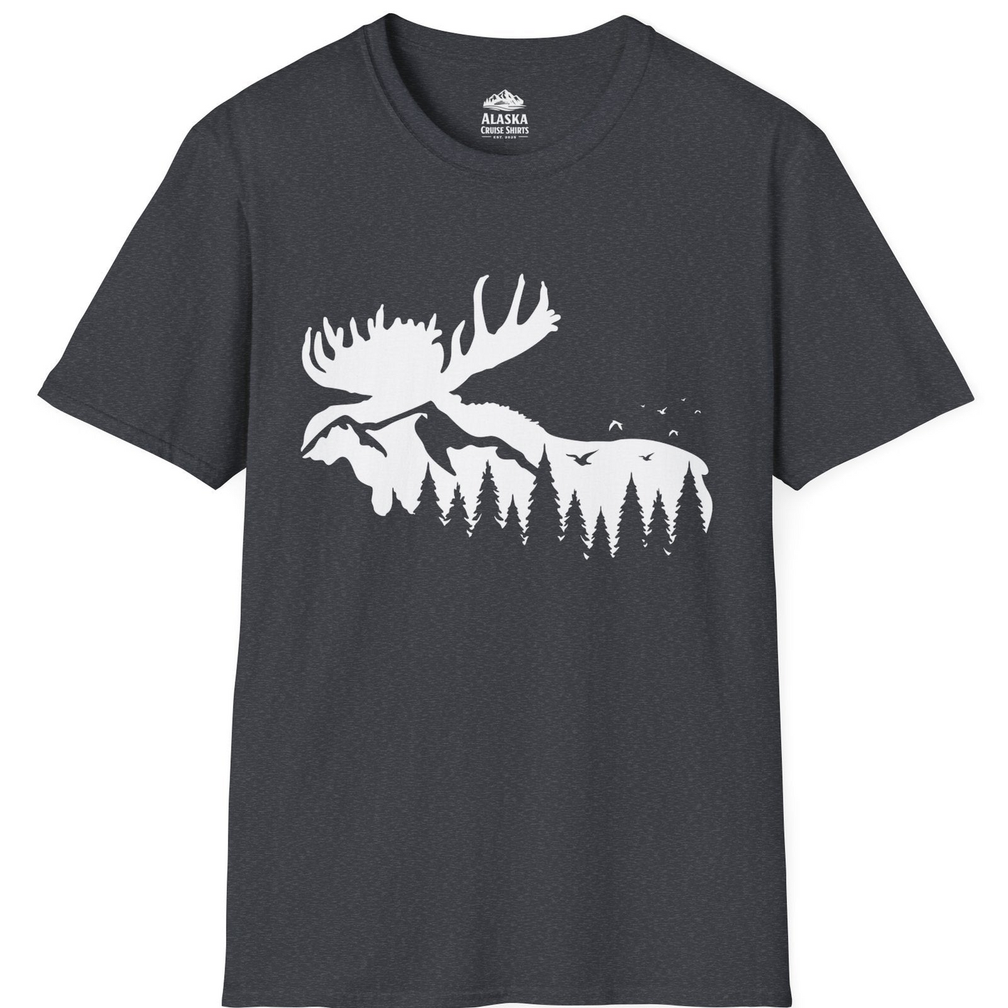 Moose Silhouette Forest Scene Shirt - Alaska Wilderness Nature Tee T-Shirt – Dark Heather Grey – Alaska Cruise Shirts