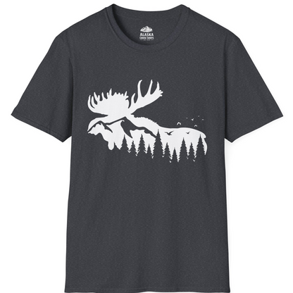 Moose Silhouette Forest Scene Shirt - Alaska Wilderness Nature Tee T-Shirt – Dark Heather Grey – Alaska Cruise Shirts