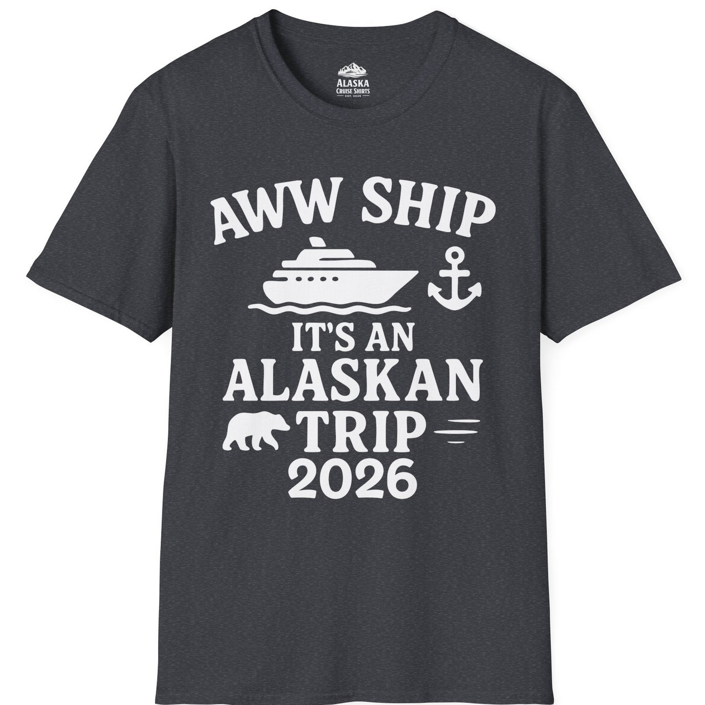 Alaska Cruise Shirt - Alaskan Trip 2026 Ship Anchor Bear Family Tee T-Shirt – Dark Heather Grey – Alaska Cruise Shirts