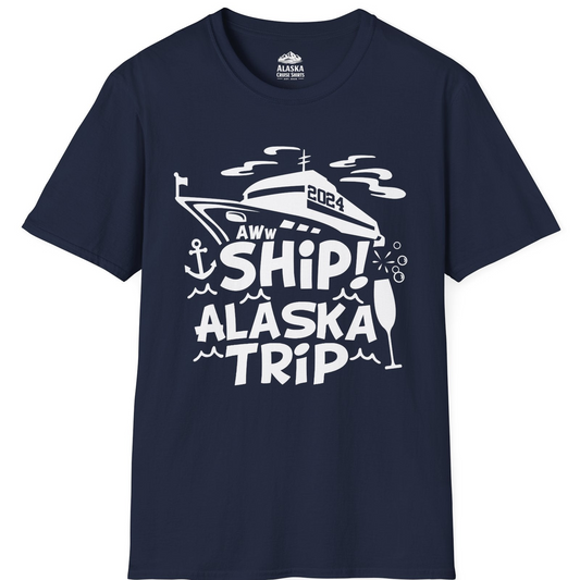 Aww Ship Alaska Cruise Shirt - Funny 2024 Group Vacation Graphic Tee T-Shirt – Navy – Alaska Cruise Shirts