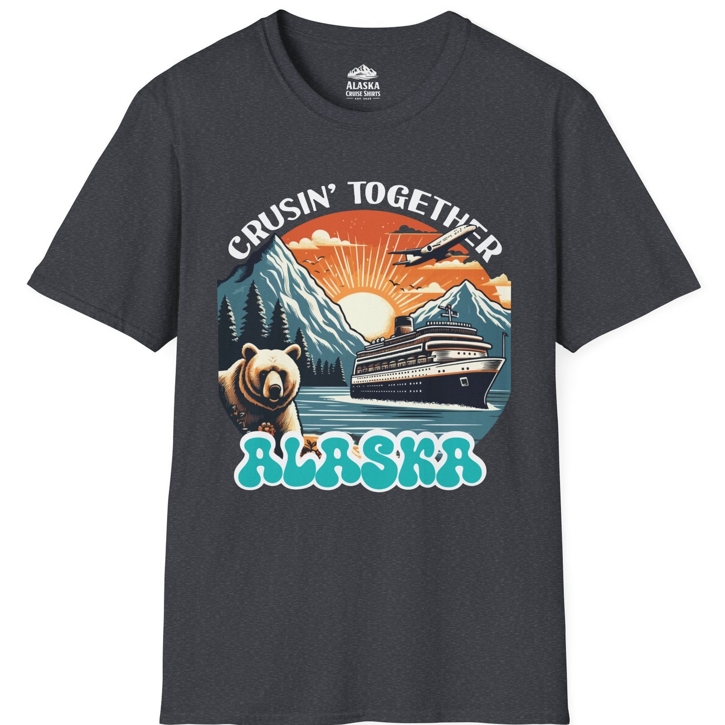 Alaska Cruise Shirt - Retro Bear and Ship Vintage Travel Illustration T-Shirt – Dark Heather Grey – Alaska Cruise Shirts