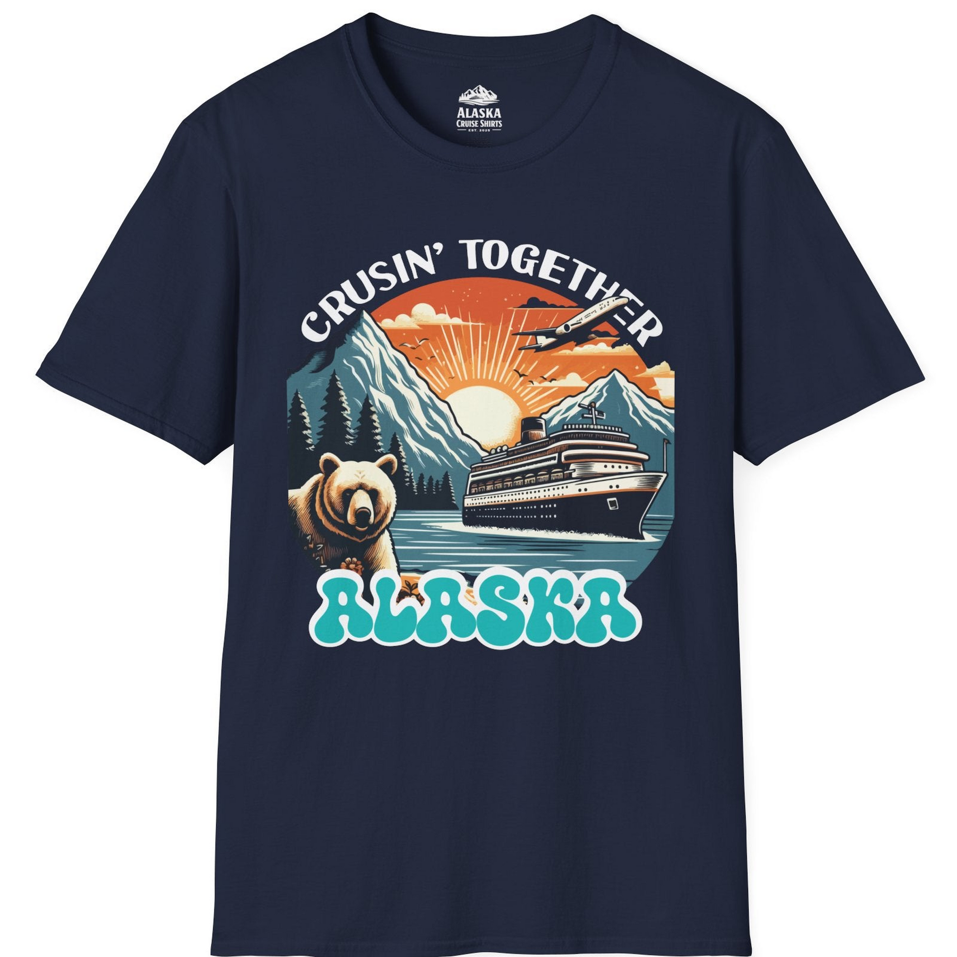 Alaska Cruise Shirt - Retro Bear and Ship Vintage Travel Illustration T-Shirt – Navy – Alaska Cruise Shirts