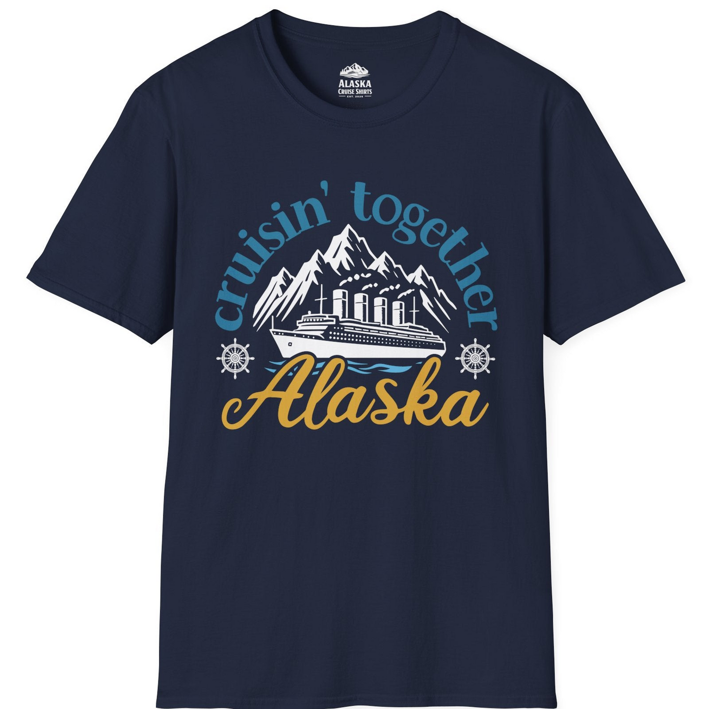 Alaska Cruise Adventure Shirt - Retro Mountains and Ship Graphic Tee T-Shirt – Navy – Alaska Cruise Shirts