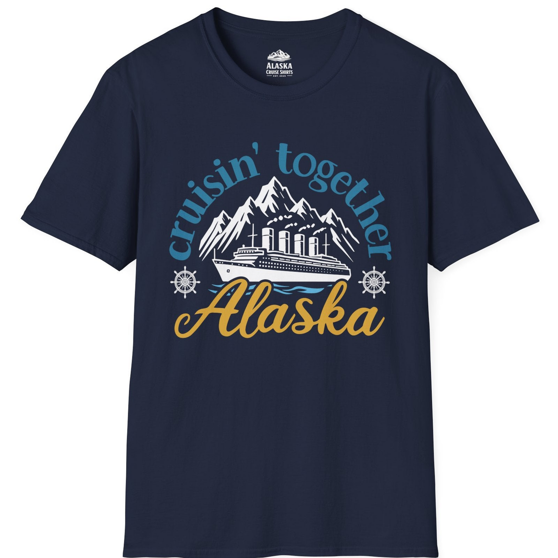 Alaska Cruise Adventure Shirt - Retro Mountains and Ship Graphic Tee T-Shirt – Navy – Alaska Cruise Shirts