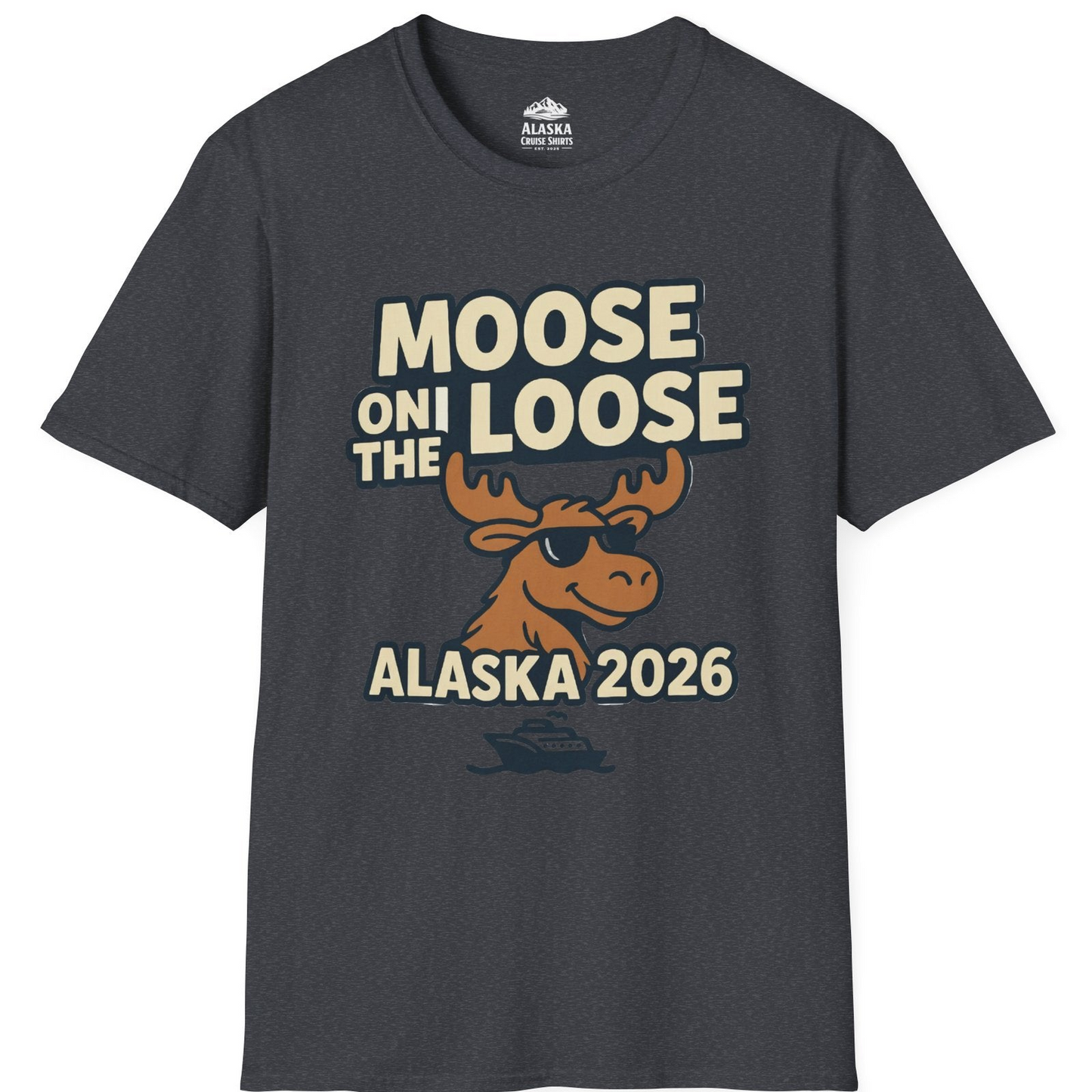 Moose on the Loose Alaska 2026 Cruise Cartoon Funny Shirt T-Shirt – Dark Heather Grey – Alaska Cruise Shirts