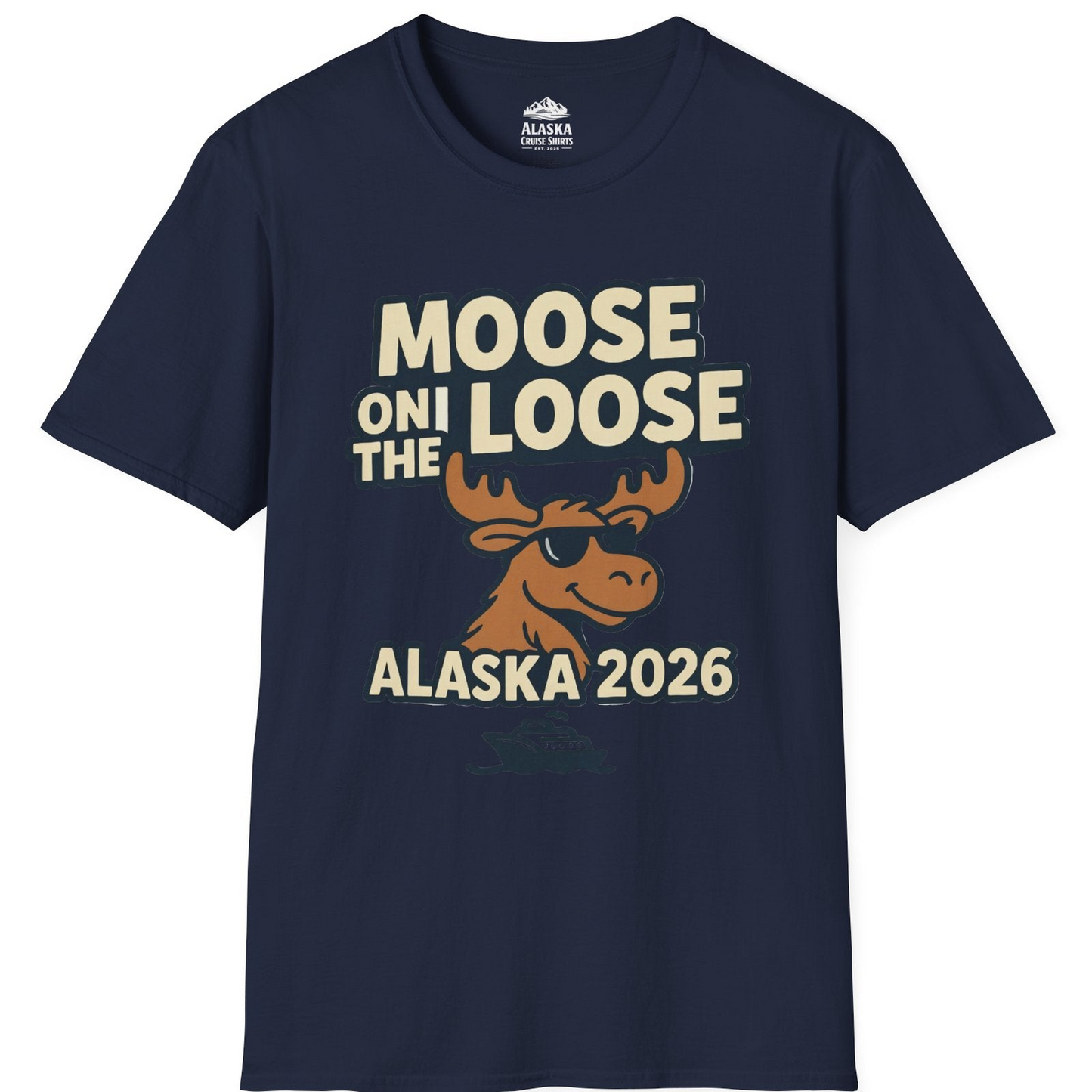 Moose on the Loose Alaska 2026 Cruise Cartoon Funny Shirt T-Shirt – Navy – Alaska Cruise Shirts