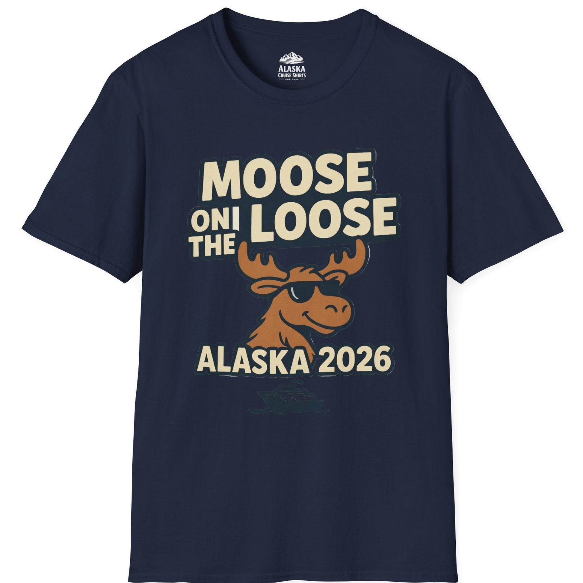 Moose on the Loose Alaska 2026 Cruise Cartoon Funny Shirt T-Shirt – Navy – Alaska Cruise Shirts