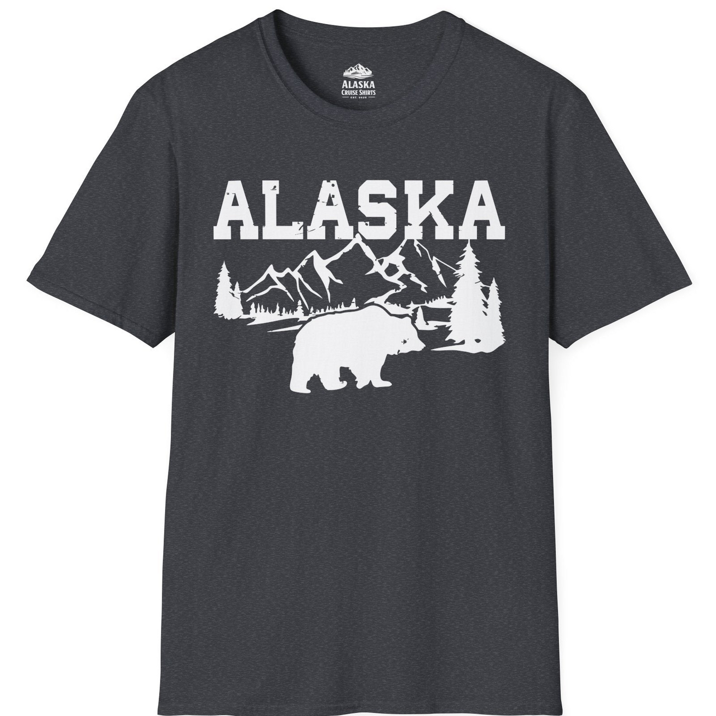 Alaska Bear Shirt - Wilderness Mountains and Trees Nature Silhouette Tee T-Shirt – Dark Heather Grey – Alaska Cruise Shirts
