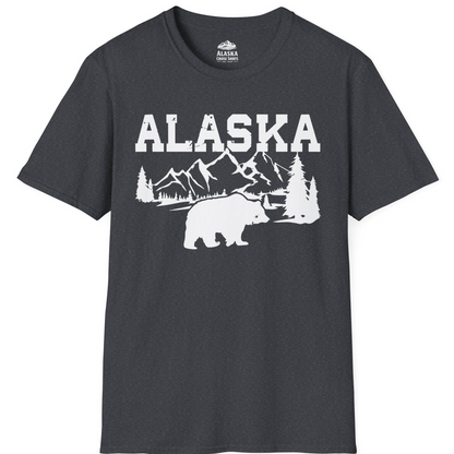 Alaska Bear Shirt - Wilderness Mountains and Trees Nature Silhouette Tee T-Shirt – Dark Heather Grey – Alaska Cruise Shirts