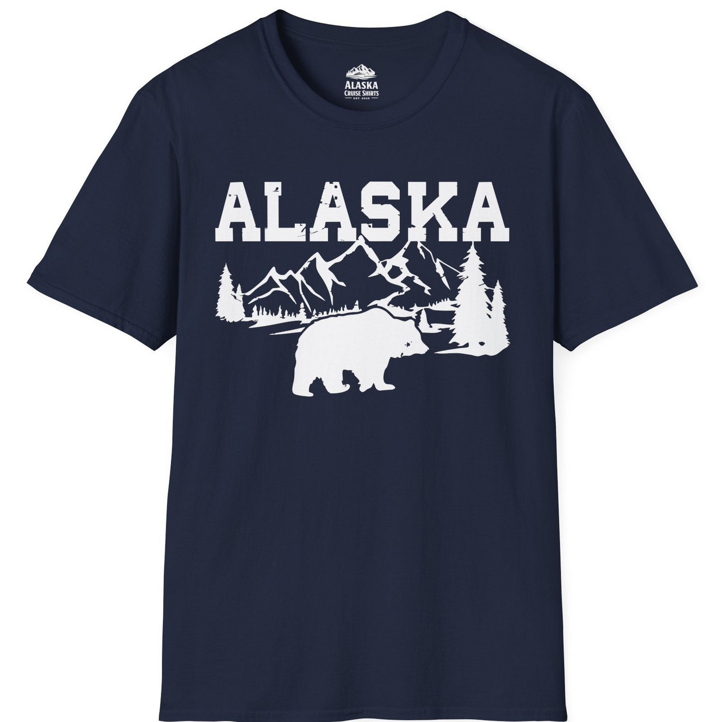 Alaska Bear Shirt - Wilderness Mountains and Trees Nature Silhouette Tee T-Shirt – Navy – Alaska Cruise Shirts