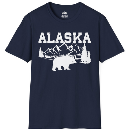 Alaska Bear Shirt - Wilderness Mountains and Trees Nature Silhouette Tee T-Shirt – Navy – Alaska Cruise Shirts