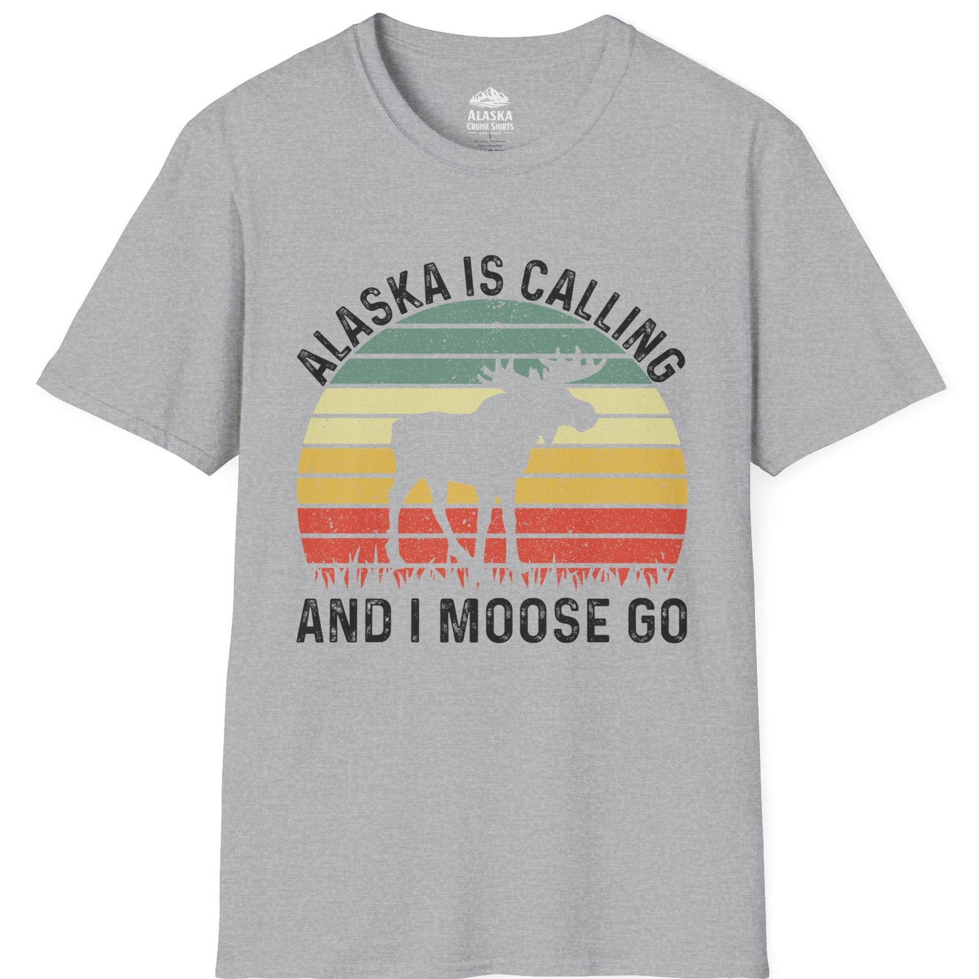 Alaska Is Calling And I Moose Go Retro Sunset Moose Graphic Shirt T-Shirt – Sport Grey – Alaska Cruise Shirts