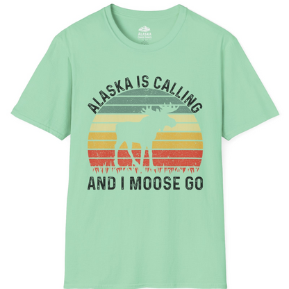 Alaska Is Calling And I Moose Go Retro Sunset Moose Graphic Shirt T-Shirt – Mint Green – Alaska Cruise Shirts