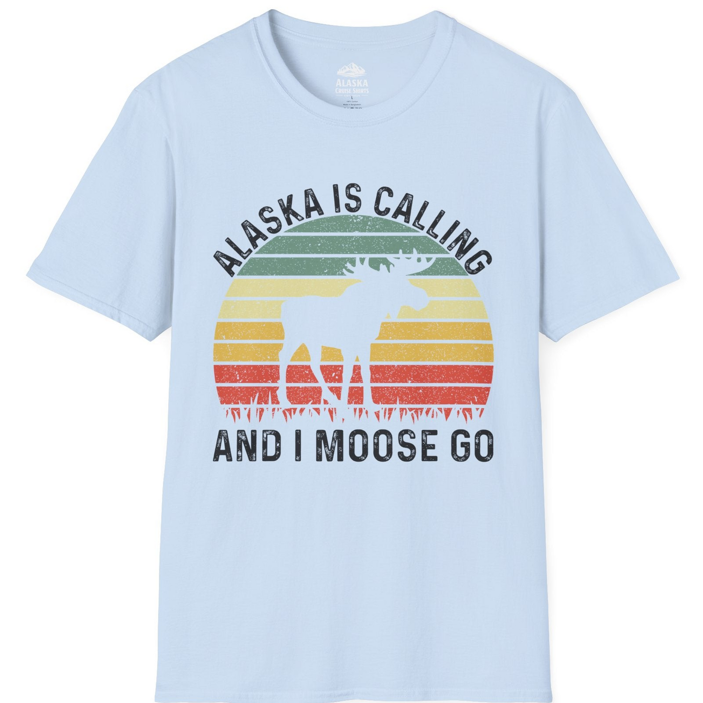 Alaska Is Calling And I Moose Go Retro Sunset Moose Graphic Shirt T-Shirt – Light Blue – Alaska Cruise Shirts