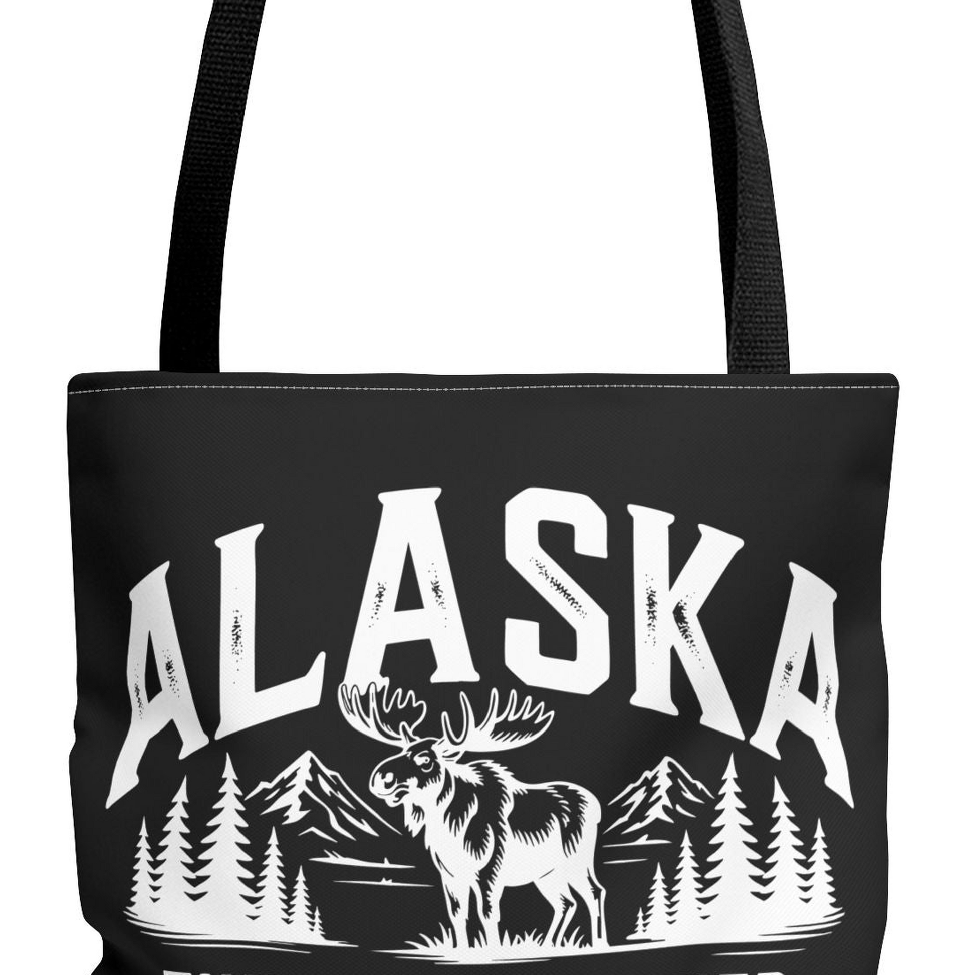 Alaska Moose Tote Bag — 'The Last Frontier' Vintage Mountain Travel Tote T-Shirt – Black – Alaska Cruise Shirts Close Up