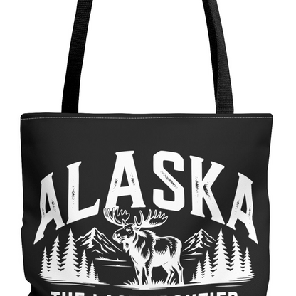 Alaska Moose Tote Bag — 'The Last Frontier' Vintage Mountain Travel Tote T-Shirt – Black – Alaska Cruise Shirts Close Up