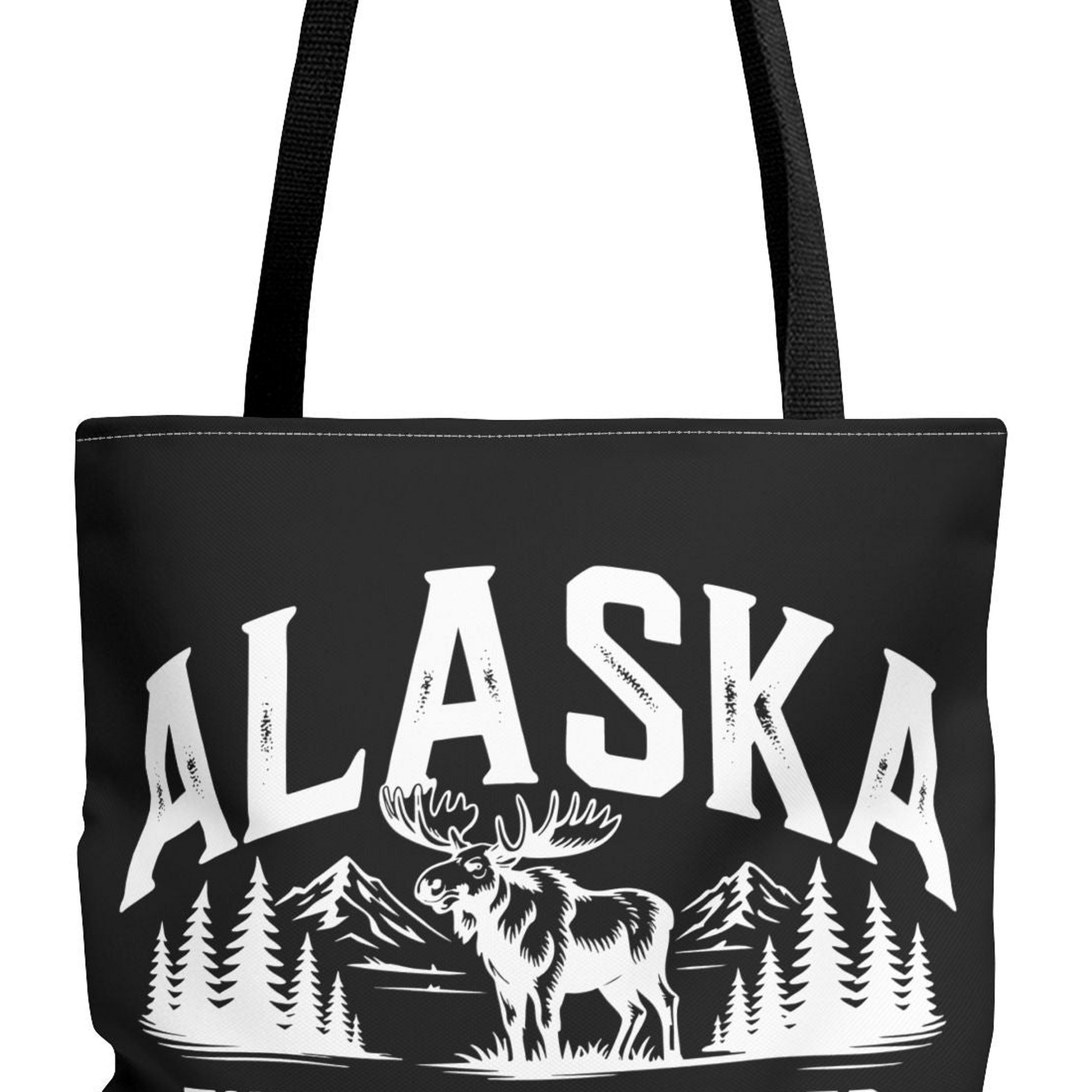 Alaska Moose Tote Bag — 'The Last Frontier' Vintage Mountain Travel Tote T-Shirt – Black – Alaska Cruise Shirts Close Up