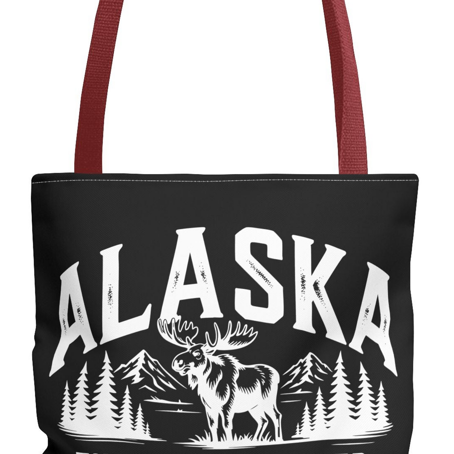 Alaska Moose Tote Bag — 'The Last Frontier' Vintage Mountain Travel Tote T-Shirt – Red – Alaska Cruise Shirts Close Up