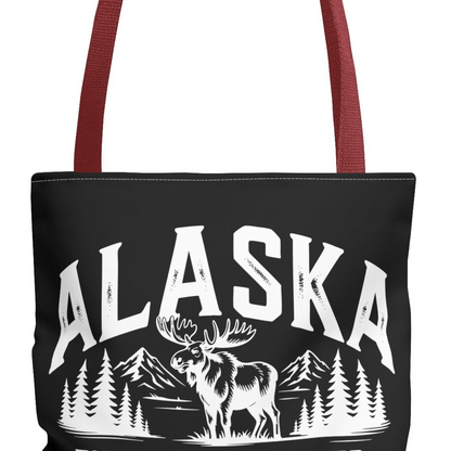 Alaska Moose Tote Bag — 'The Last Frontier' Vintage Mountain Travel Tote T-Shirt – Red – Alaska Cruise Shirts Close Up