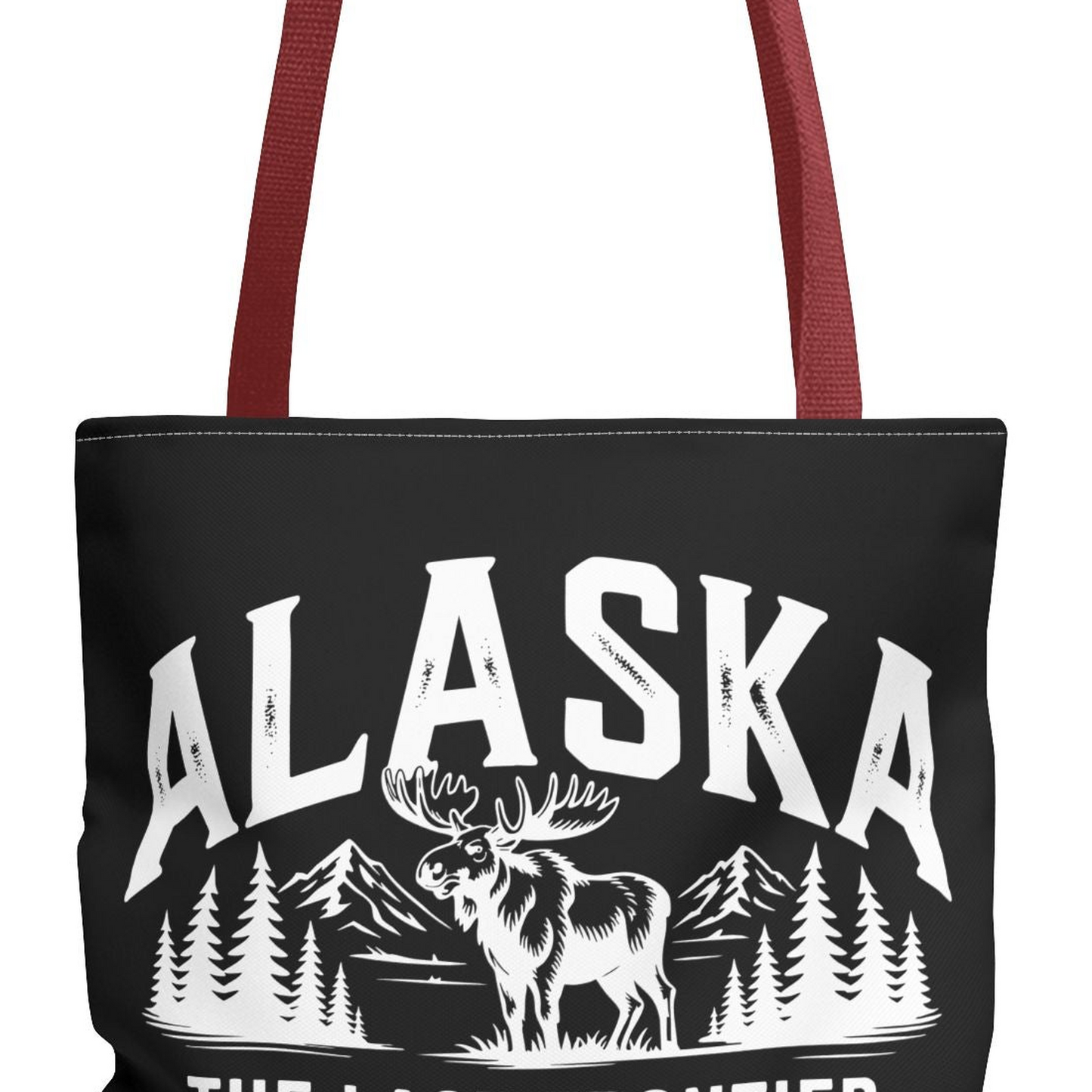 Alaska Moose Tote Bag — 'The Last Frontier' Vintage Mountain Travel Tote T-Shirt – Red – Alaska Cruise Shirts Close Up