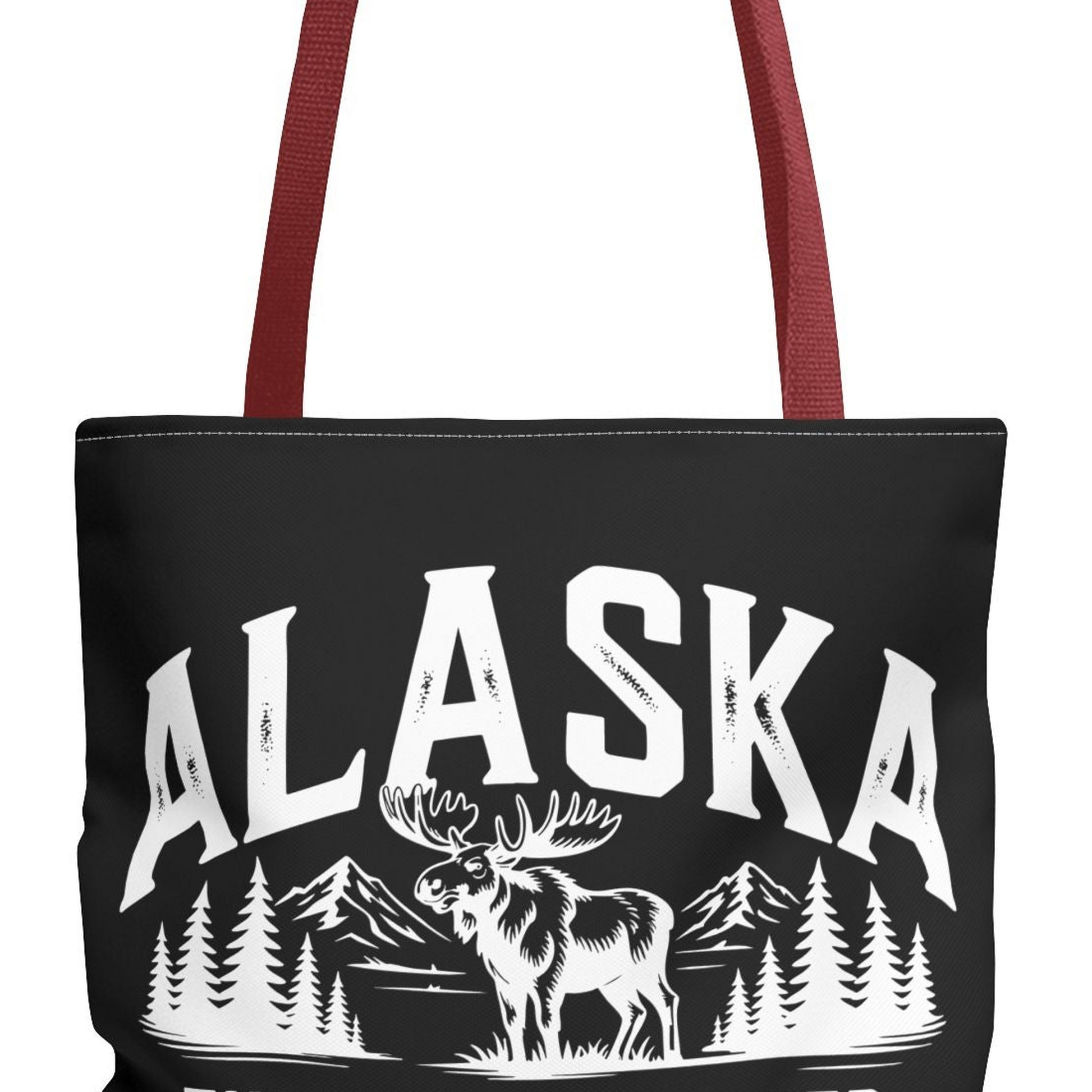 Alaska Moose Tote Bag — 'The Last Frontier' Vintage Mountain Travel Tote T-Shirt – Red – Alaska Cruise Shirts Close Up