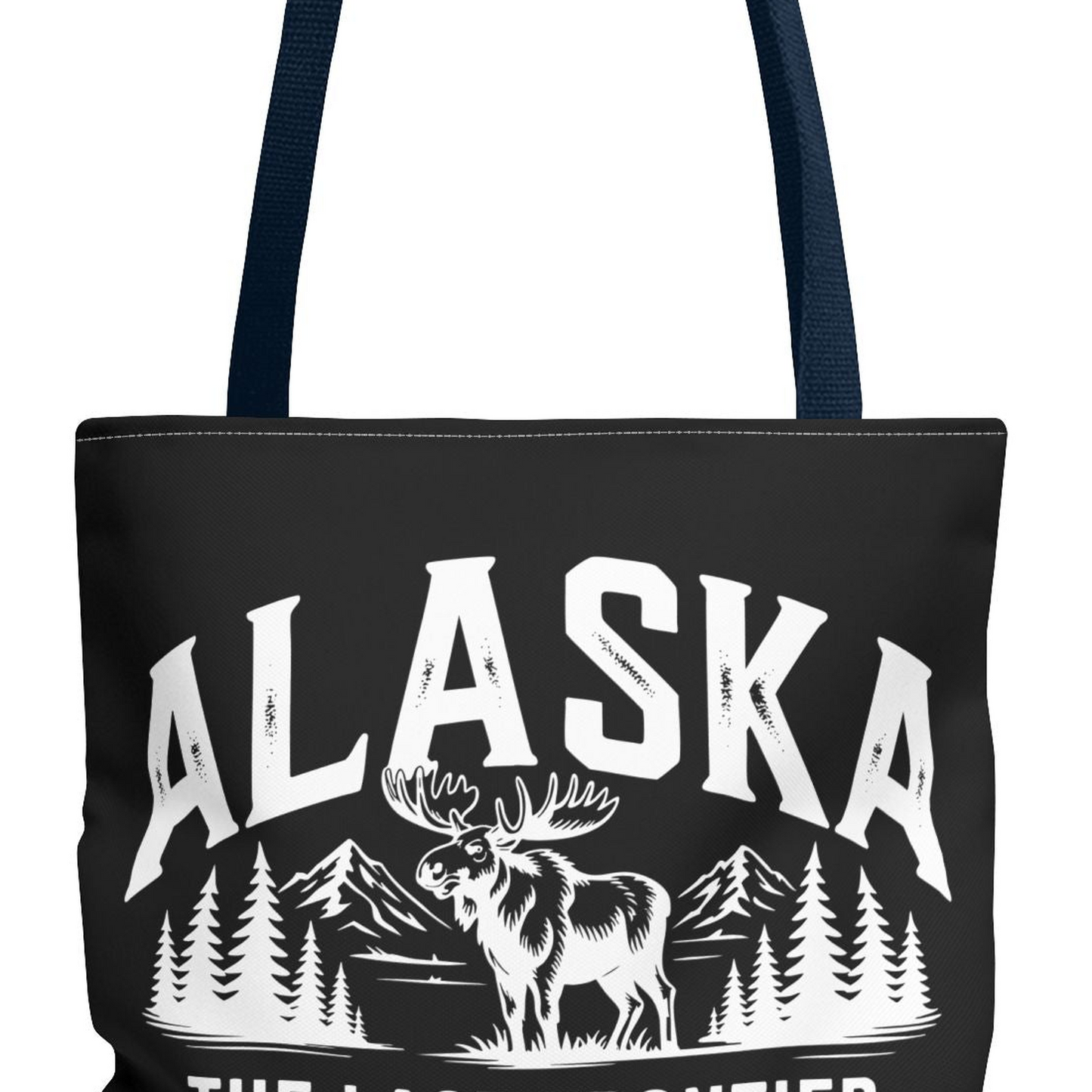 Alaska Moose Tote Bag — 'The Last Frontier' Vintage Mountain Travel Tote T-Shirt – Navy – Alaska Cruise Shirts Close Up
