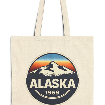 Alaska 1959 Mountain Canvas Tote Bag — Retro State Travel Market Tote T-Shirt – Natural – Alaska Cruise Shirts Close Up