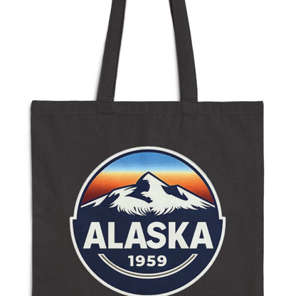 Alaska 1959 Mountain Canvas Tote Bag — Retro State Travel Market Tote T-Shirt – Black – Alaska Cruise Shirts Close Up